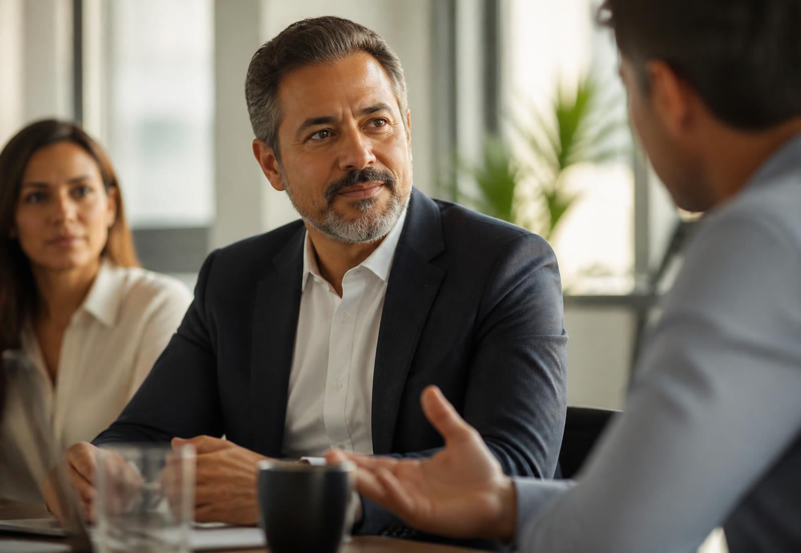 Jefe hispano liderando una reunión de equipo